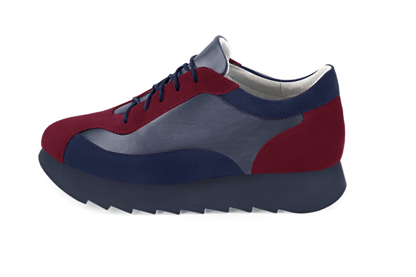 French elegance and refinement for these burgundy red and denim blue three-tone dress sneakers, 
                available in many subtle leather and colour combinations. Nice Sneakers of "Ville". 
Fine and elegant, it will replace a traditional model.
All color combinations are possible, have fun customizing it.  
                Matching clutches for parties, ceremonies and weddings.   
                You can customize these sneakers to perfectly match your tastes or needs, and have a unique model.  
                Choice of leathers, colours, and soles. 
                Wide range of materials and shades carefully chosen.  
                Small and large shoe sizes - Florence KOOIJMAN